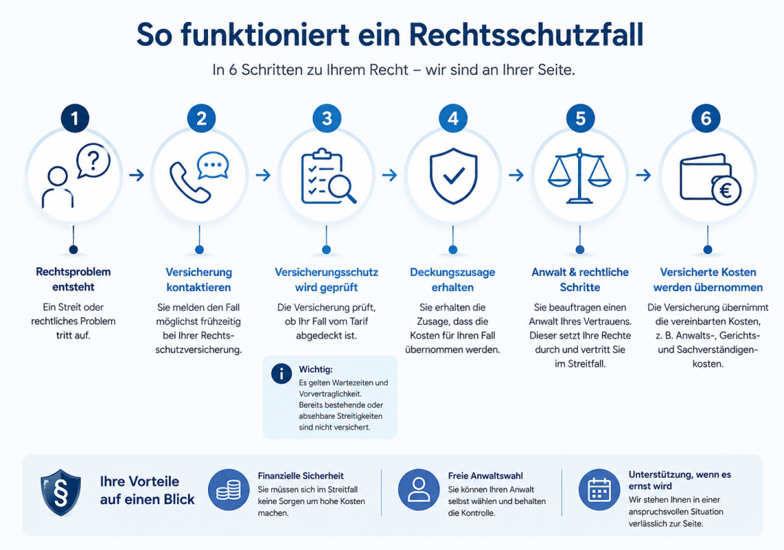 Sechs Schritte zur Funktionsweise eine Rechtsschutzversicherung Sechs Schritte zur Funktionsweise eine Rechtsschutzversicherung